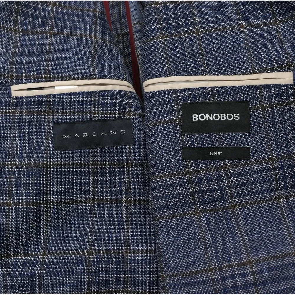 Bonobos Marlane Slim Fit Hopsack Blazer Mens 38S Blue Glen Plaid Wool Linen